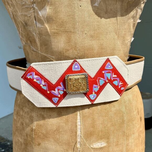Vintage VST Belt - Hand-Painted Canvas, Aztec Buckle, One-of-a-Kind Slow Fashion - Picture 1 of 9